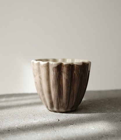 Tall marbled porcelain goblet with a fluted rim, cream fading to brown Ceramics By Marla