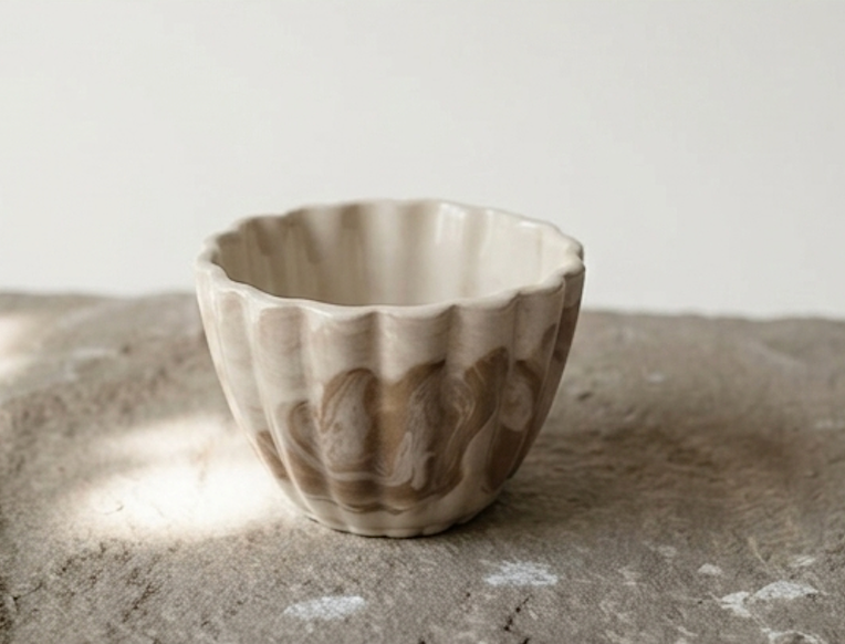 Marbled cream and brown porcelain mug with a curved handle Ceramics By Marla