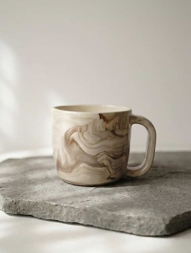 A ceramic mug with a beige and brown marbled pattern, resting on a textured gray stone slab against a neutral light gray background Ceramics By Marla