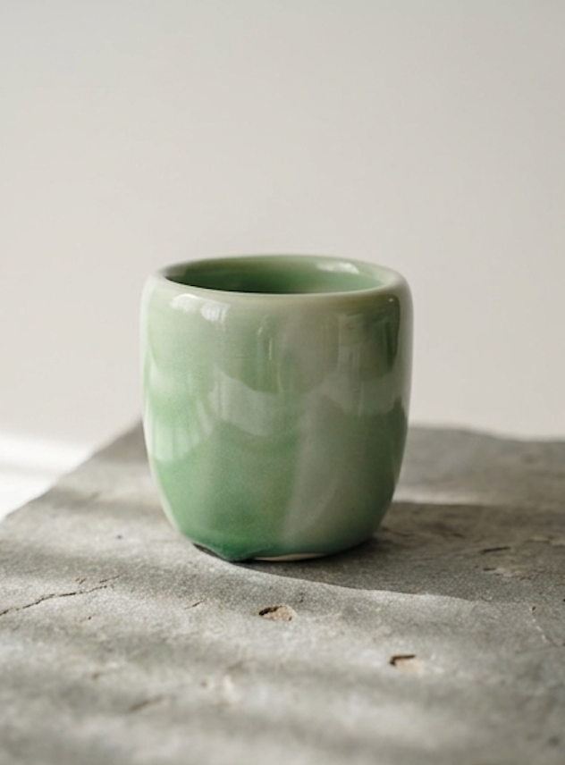 Chunky moss green ceramic cup on a stone slab Ceramics By Marla.