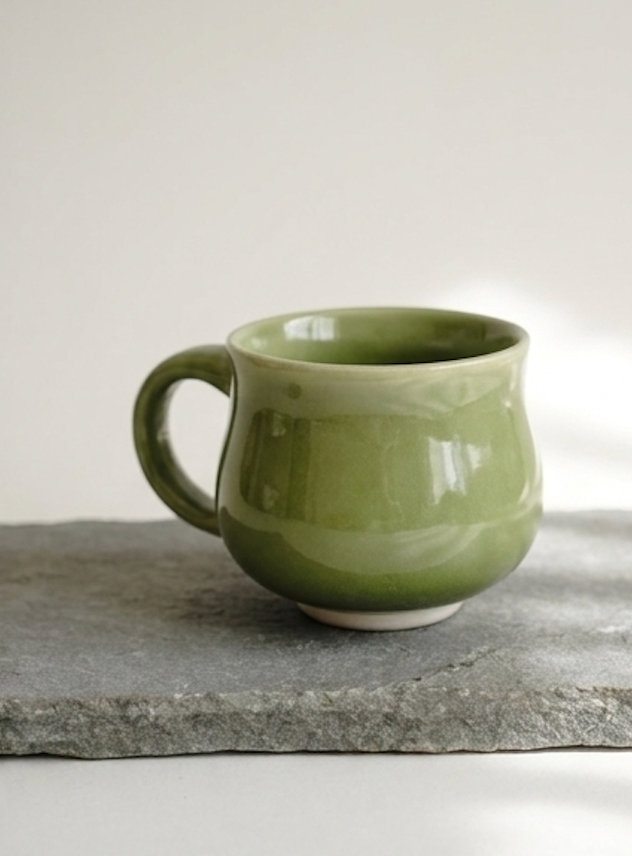 Round, bulbous sage green stoneware teacup with a small handle Ceramics By Marla.