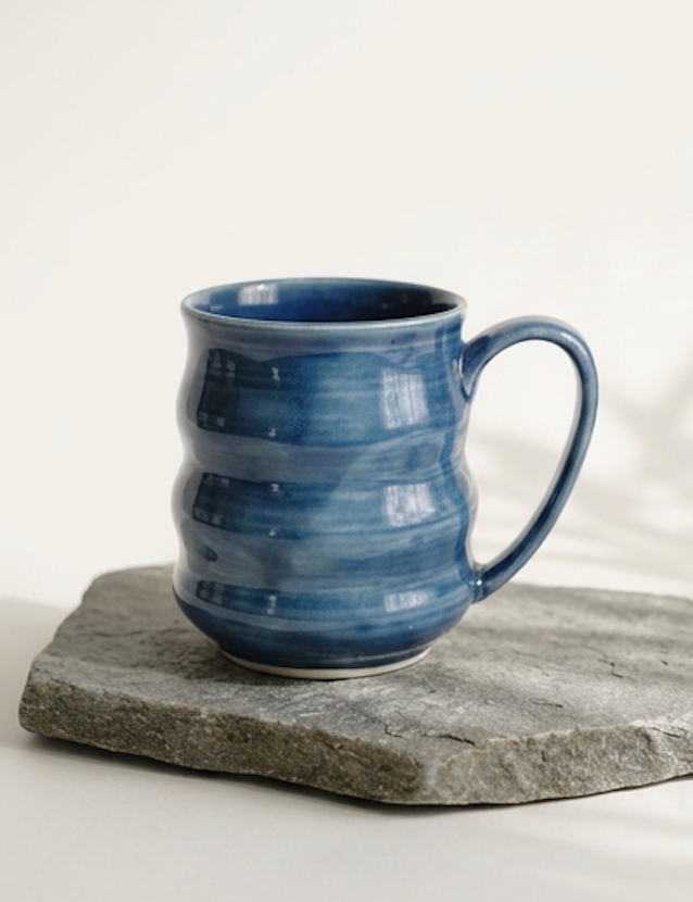 Ridged stoneware mug with a brushed denim blue glaze Ceramics By Marla.