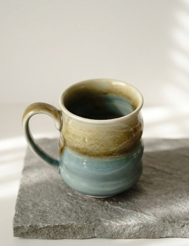 Stoneware mug with a horizon glaze, sandy tan fading into blue-green Ceramics By Marla